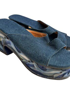 Vintage 90s platform sandals blue denim carved wood dolphins 40 slide chunky